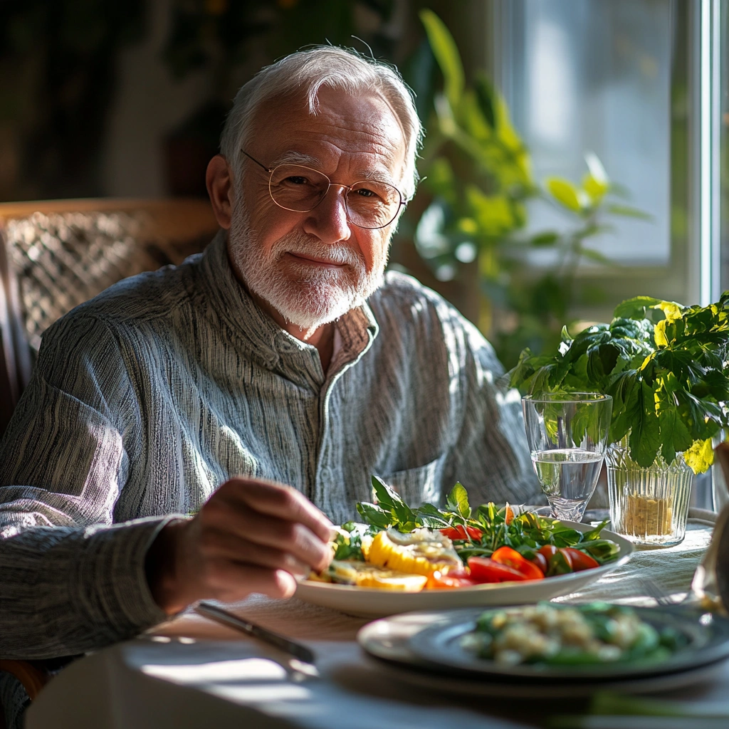 Пенсіонер насолоджується здоровою їжею